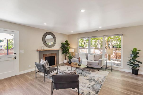 Fireplace, Interior, Living room, Recessed Lighting, Wood Texture Flooring