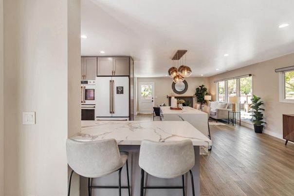 Dining room, Interior, Kitchen, Living room, Pendant Lights, Recessed Lighting, Wood Texture Flooring