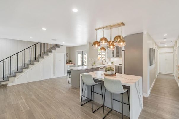 Interior, Kitchen, Pendant Lights, Recessed Lighting, Wood Texture Flooring
