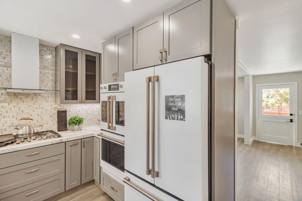 Interior, Kitchen, Recessed Lighting, Stone Walls, Wood Texture Flooring