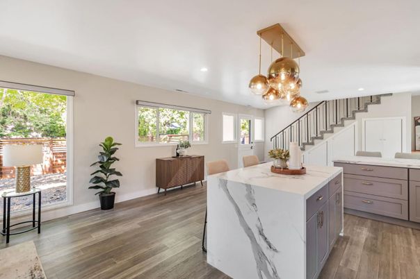 Dining room, Interior, Pendant Lights, Recessed Lighting, Wood Texture Flooring