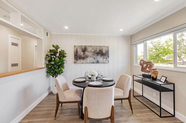 Dining room, Interior, Recessed Lighting, Wood Texture Flooring