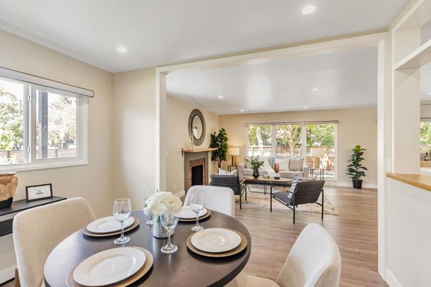 Dining room, Fireplace, Interior, Living room, Recessed Lighting, Wood Texture Flooring