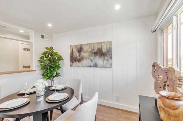 Dining room, Interior, Recessed Lighting, Wood Texture Flooring