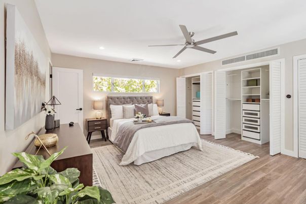 Bedroom, Interior, Recessed Lighting, Wood Texture Flooring