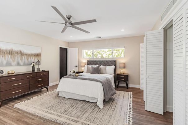 Bedroom, Interior, Recessed Lighting, Wood Texture Flooring