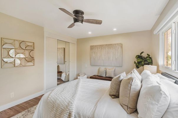 Bedroom, Interior, Recessed Lighting, Wood Texture Flooring