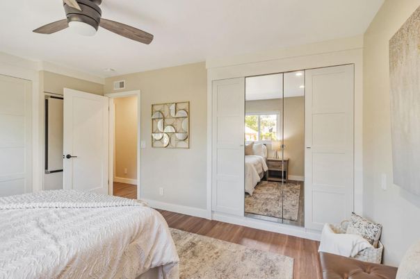 Bedroom, Interior, Recessed Lighting, Wood Texture Flooring