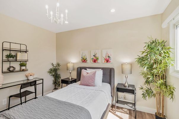 Bedroom, Chandelier, Interior, Recessed Lighting, Wood Texture Flooring