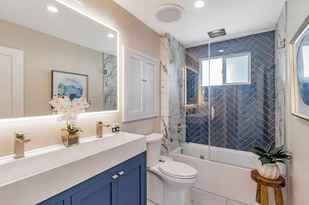 Bathroom, Glass Shower, Interior, Marble Walls, Recessed Lighting