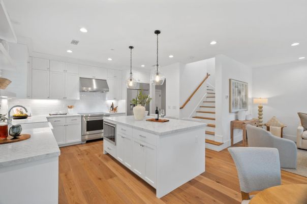 Interior, Kitchen, Pendant Lights, Recessed Lighting, Stainless Steel Appliances, Wood Texture Flooring