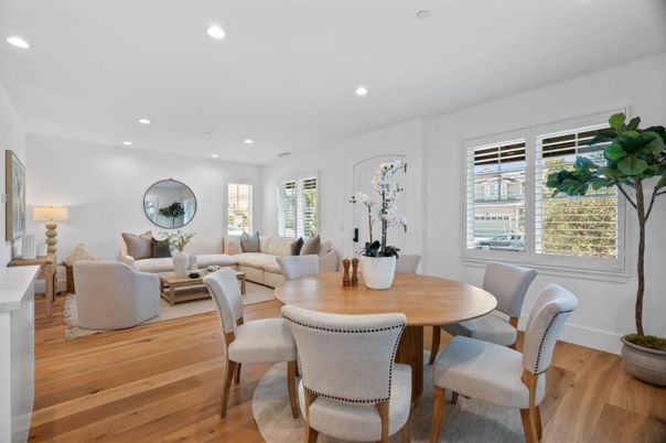 Dining room, Interior, Living room, Recessed Lighting, Wood Texture Flooring