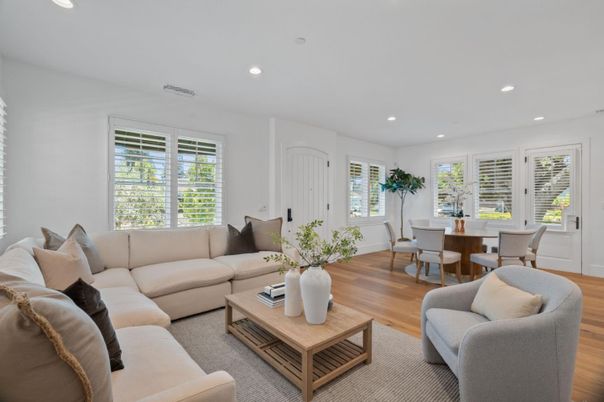 Dining room, Interior, Living room, Recessed Lighting, Wood Texture Flooring