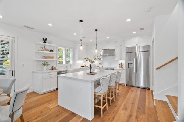 Interior, Kitchen, Pendant Lights, Recessed Lighting, Stainless Steel Appliances, Wood Texture Flooring