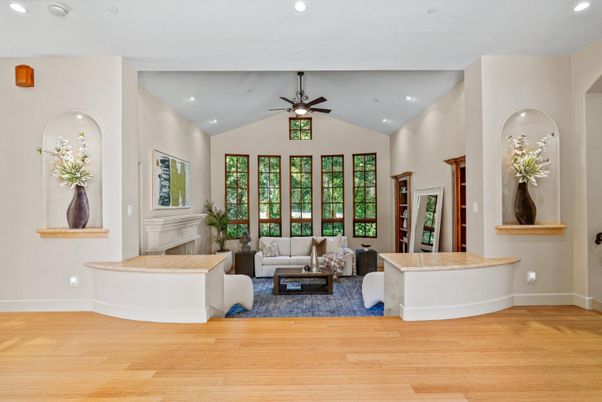 Fireplace, Interior, Living room, Recessed Lighting, Wood Texture Flooring