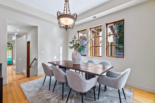 Chandelier, Dining room, Interior, Pendant Lights, Recessed Lighting, Wood Texture Flooring