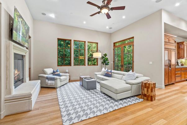 Fireplace, Interior, Living room, Recessed Lighting, Wood Texture Flooring