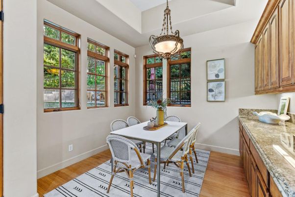 Dining room, Interior, Pendant Lights, Wood Texture Flooring
