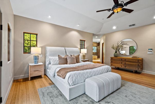 Bedroom, Interior, Recessed Lighting, Wood Texture Flooring