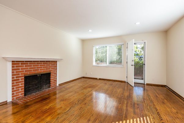 Empty room, Fireplace, Interior, Recessed Lighting, Wood Texture Flooring