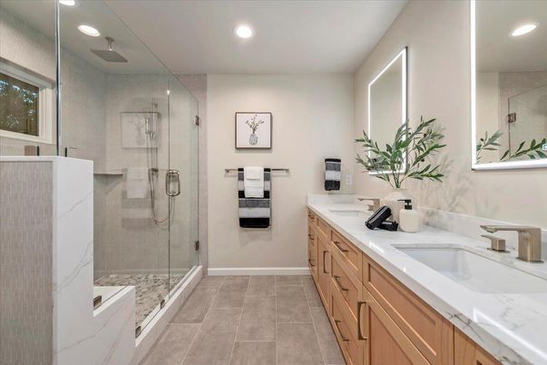 Bathroom, Dual Sink Vanities, Glass Shower, Interior, Recessed Lighting