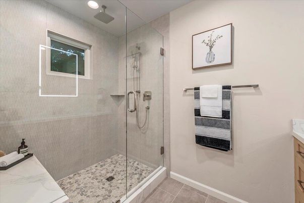 Bathroom, Glass Shower, Interior, Recessed Lighting