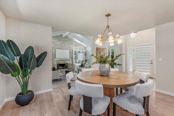 Dining room, Fireplace, Interior, Living room, Pendant Lights, Stone Walls, Wood Texture Flooring