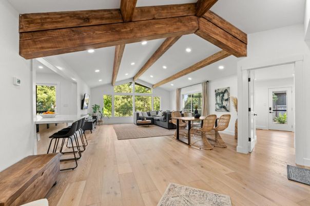 Dining room, Interior, Living room, Recessed Lighting, Wooden Beams, Wood Texture Flooring