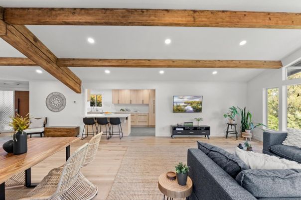 Interior, Kitchen, Living room, Recessed Lighting, Wooden Beams, Wood Texture Flooring