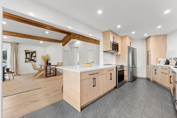 Interior, Kitchen, Recessed Lighting, Stainless Steel Appliances, Wooden Beams
