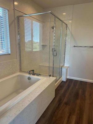 Bathroom, Glass Shower, Interior, Recessed Lighting, Wood Texture Flooring
