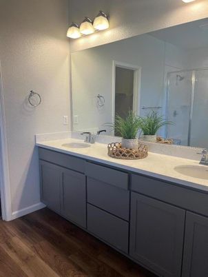 Bathroom, Dual Sink Vanities, Glass Shower, Interior, Wood Texture Flooring