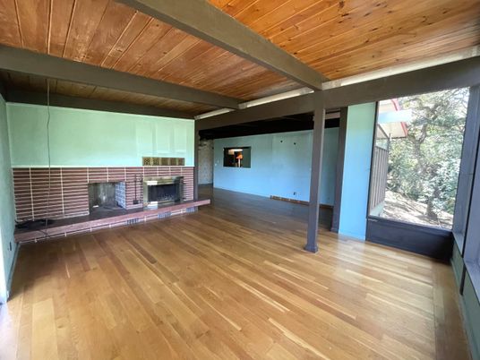 Empty room, Fireplace, Interior, Wooden Beams, Wooden Ceilings, Wood Texture Flooring