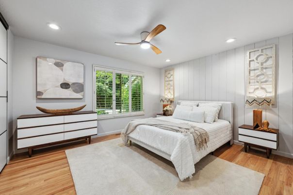 Bedroom, Interior, Recessed Lighting, Wood Texture Flooring