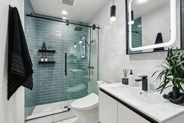 Bathroom, Glass Shower, Interior, Recessed Lighting
