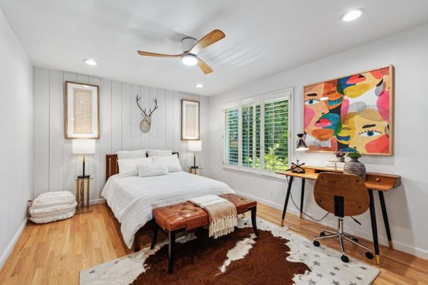 Bedroom, Interior, Recessed Lighting, Wood Texture Flooring
