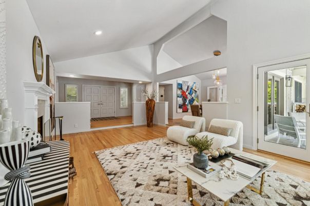 Fireplace, Interior, Living room, Recessed Lighting, Wood Texture Flooring