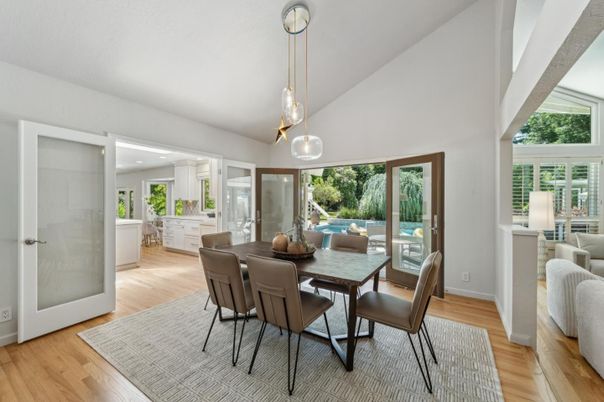 Dining room, Interior, Pendant Lights, Recessed Lighting, Wood Texture Flooring
