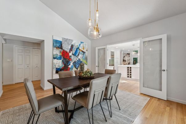 Dining room, Interior, Kitchen, Pendant Lights, Recessed Lighting, Wood Texture Flooring