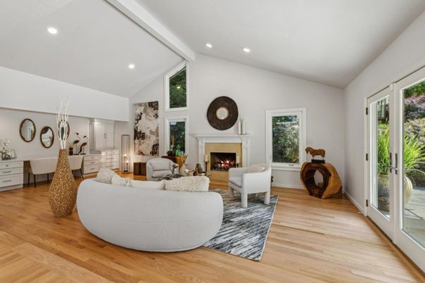 Fireplace, Interior, Living room, Recessed Lighting, Wood Texture Flooring
