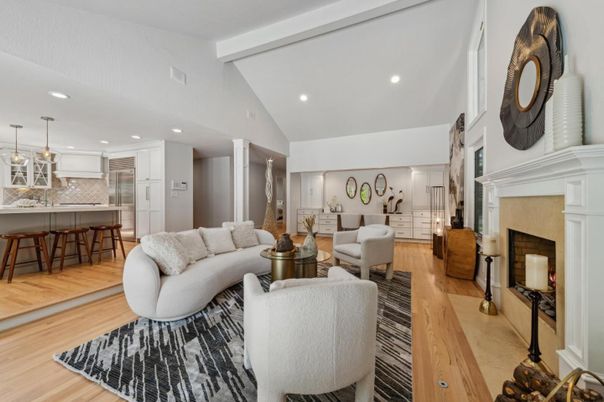 Fireplace, Interior, Kitchen, Living room, Pendant Lights, Recessed Lighting, Wood Texture Flooring