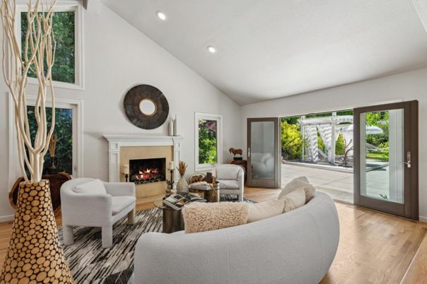 Fireplace, Interior, Living room, Recessed Lighting, Wood Texture Flooring