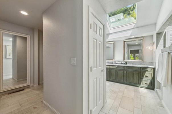 Bathroom, Dual Sink Vanities, Interior, Recessed Lighting, Wood Texture Flooring