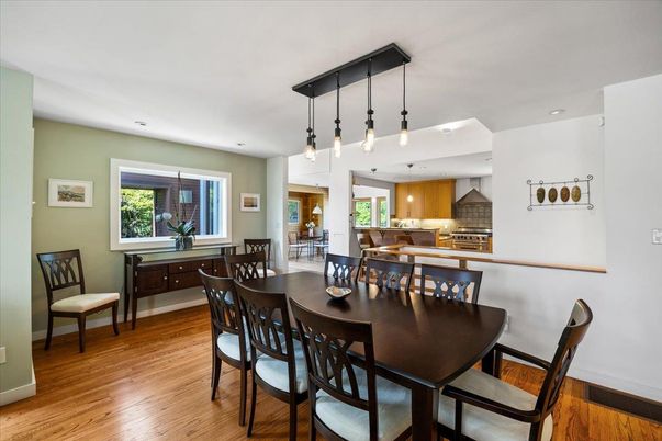 Dining room, Interior, Kitchen, Pendant Lights, Recessed Lighting, Wood Texture Flooring