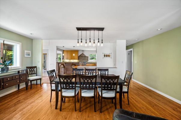 Dining room, Interior, Kitchen, Pendant Lights, Recessed Lighting, Wood Texture Flooring