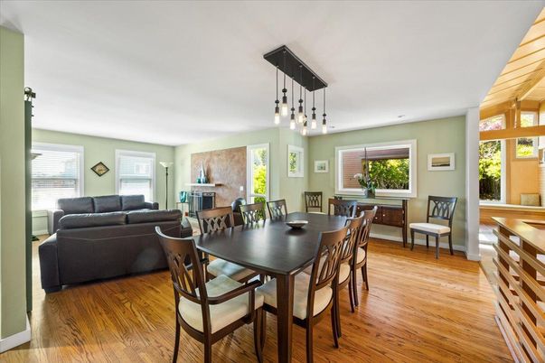Dining room, Fireplace, Interior, Living room, Pendant Lights, Wood Texture Flooring