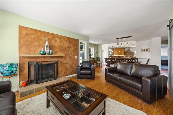Dining room, Fireplace, Interior, Kitchen, Living room, Pendant Lights, Wood Texture Flooring