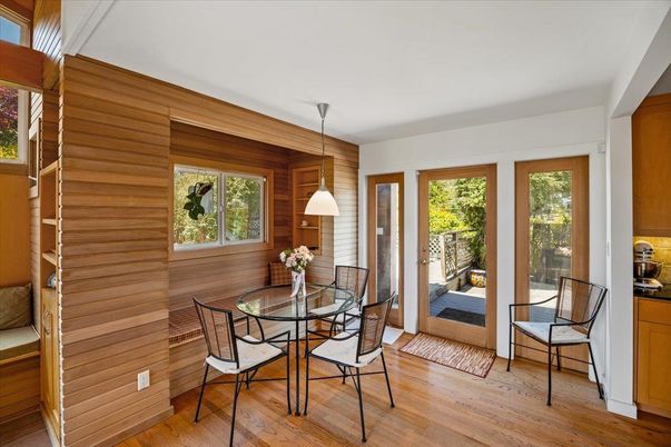 Dining room, Interior, Pendant Lights, Wood Texture Flooring, Wooden Walls