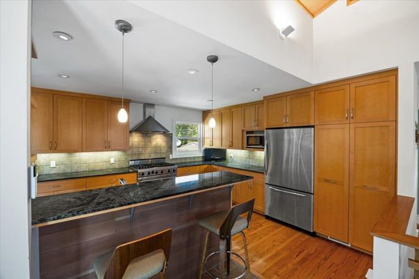 Interior, Kitchen, Pendant Lights, Recessed Lighting, Stainless Steel Appliances, Wood Texture Flooring