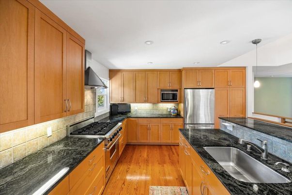 Interior, Kitchen, Pendant Lights, Recessed Lighting, Stainless Steel Appliances, Wood Texture Flooring